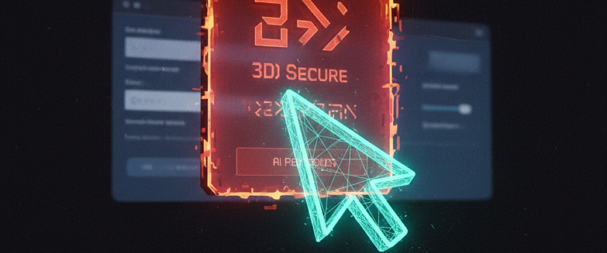An AI cursor frozen in front of a glowing 3-D Secure popup over a blurred checkout form